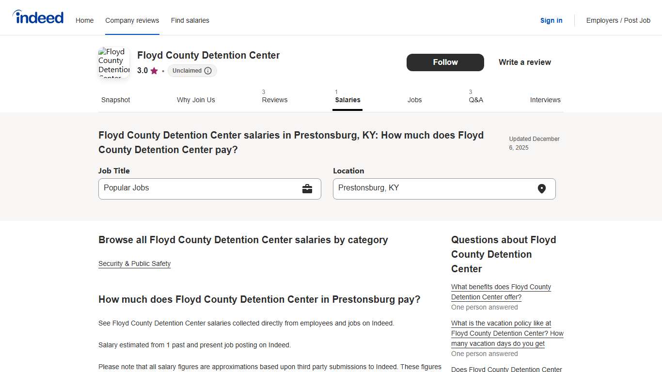 Floyd County Detention Center salaries in Prestonsburg, KY: How much does Floyd County Detention Center pay? Indeed.com