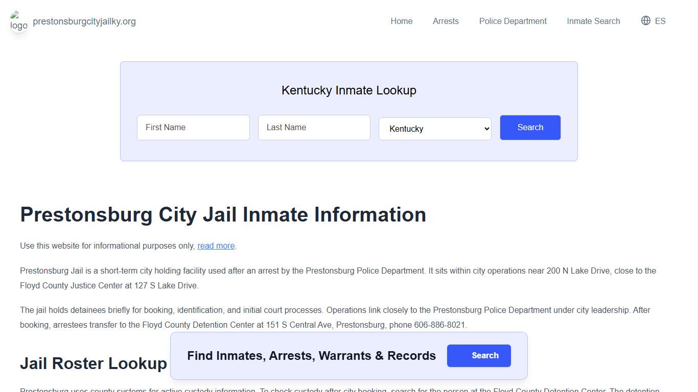 Prestonsburg Jail, KY Inmate Roster, Municipal Jail Info