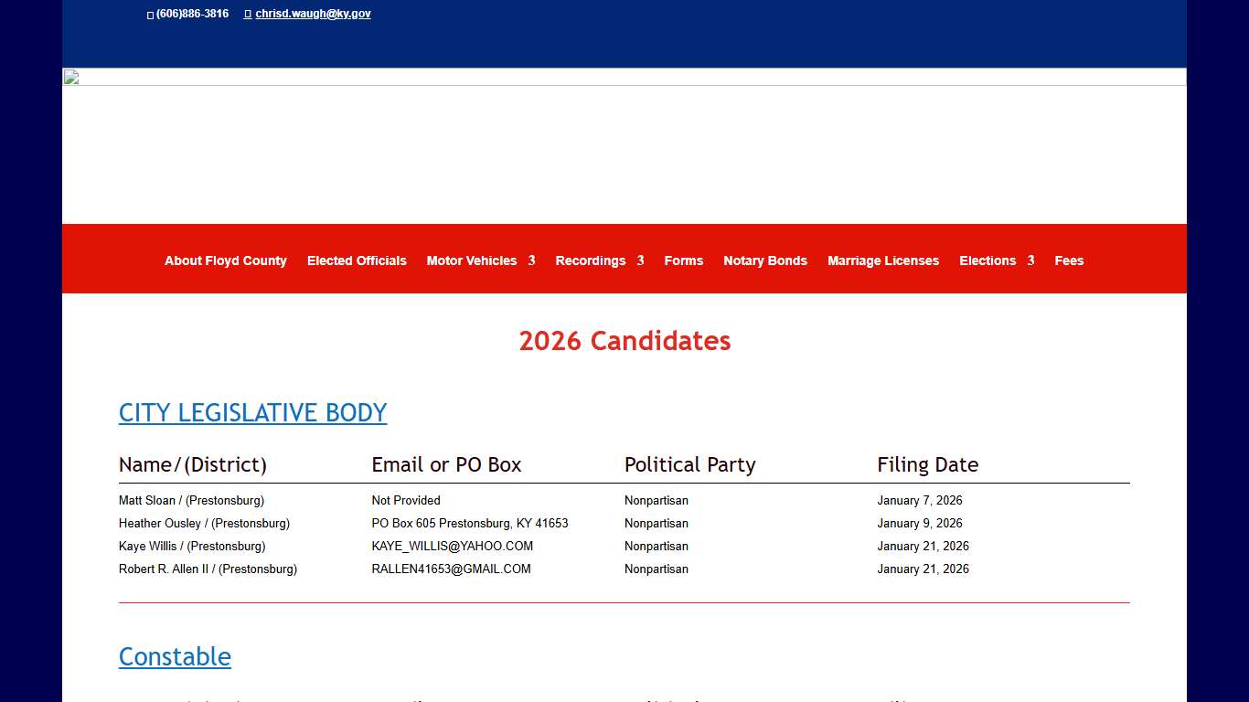 2026 Candidates Listing Floyd County KY Clerk