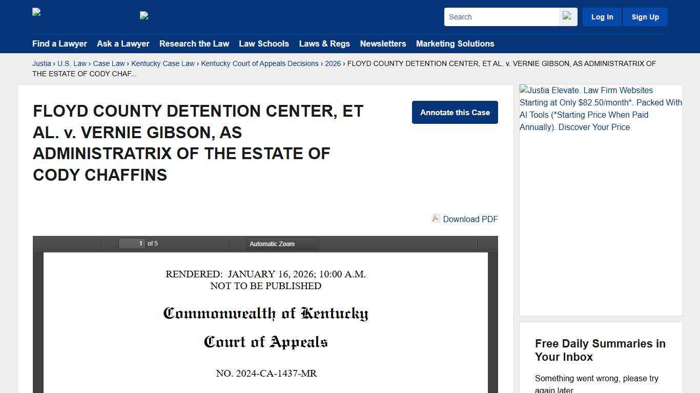 FLOYD COUNTY DETENTION CENTER, ET AL. v. VERNIE GIBSON, AS ADMINISTRATRIX OF THE ESTATE OF CODY CHAFFINS :: 2026 :: Kentucky Court of Appeals Decisions :: Kentucky Case Law :: Kentucky Law :: U.S. Law :: Justia